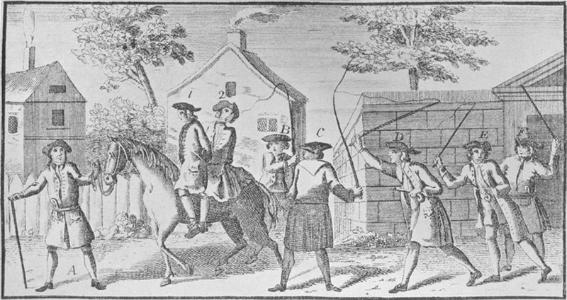 Mr. Galley and Mr. Chater put by ye Smugglers on one Horse near Rowland Castle