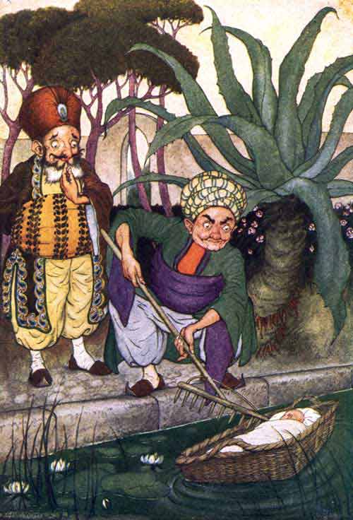 The gardener, with a rake which he had in his hand, drew the basket to the side of the canal. The gardener, with a rake which he had in his hand, drew the basket to the side of the canal.