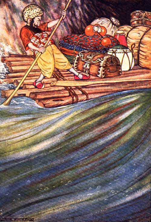 Having balanced my cargo exactly, and fastened it well to the raft, I went on board with two oars I had made. Having balanced my cargo exactly, and fastened it well to the raft, I went on board with two oars I had made.