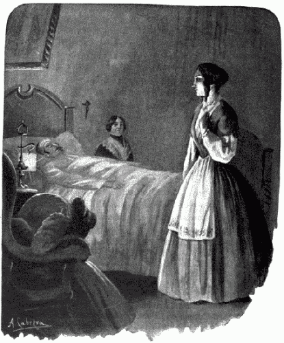 Erguida y quieta como una estatua, permanecía la joven al
pie del ensangrentado lecho.